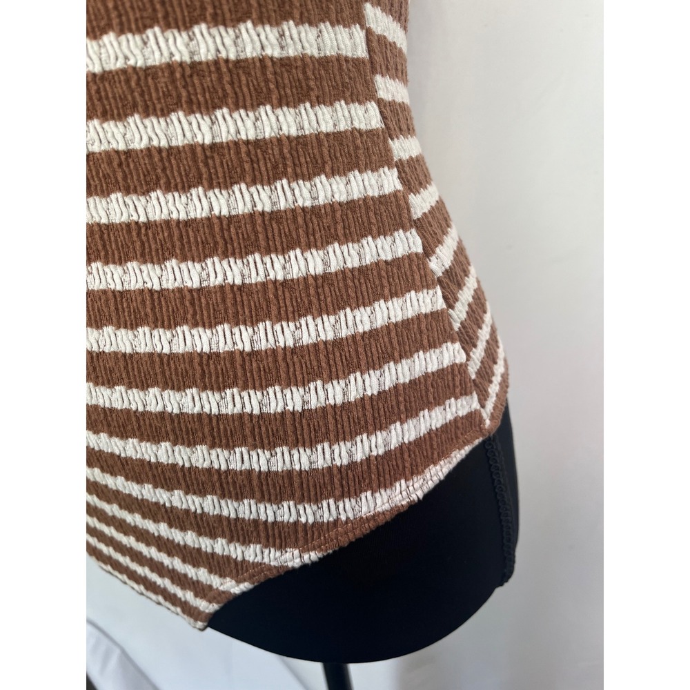 Urban Rose Brown White Striped Smocked Cutout Mock Neck Bodysuit Small 10891 - Picture 11 of 16